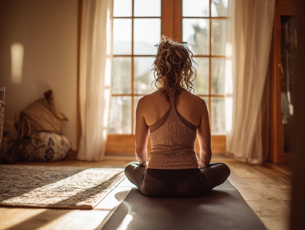 Спокійна жінка виконує йога-позу на природі в променях ранкового сонця