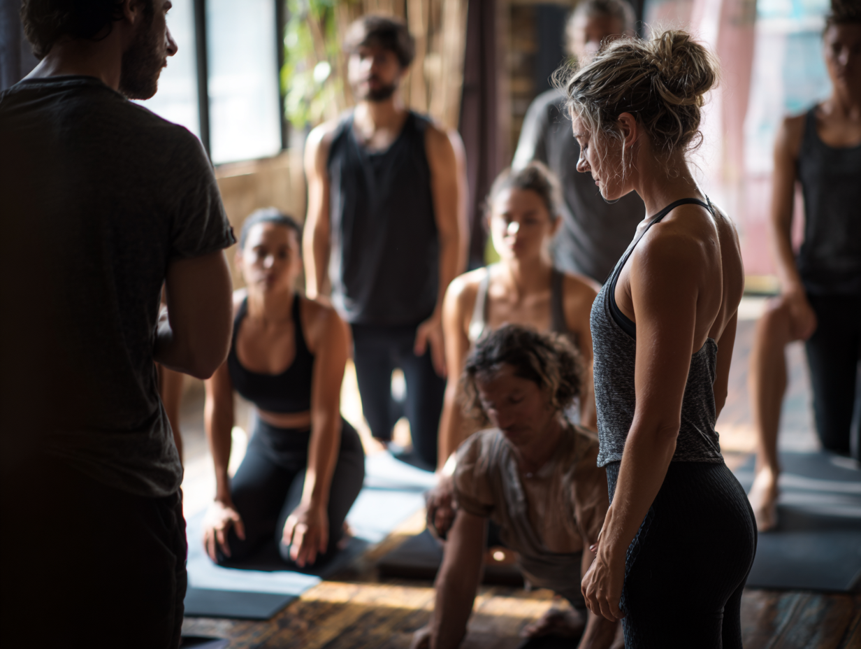 Група людей практикує йогу в красивій студії з природним освітленням